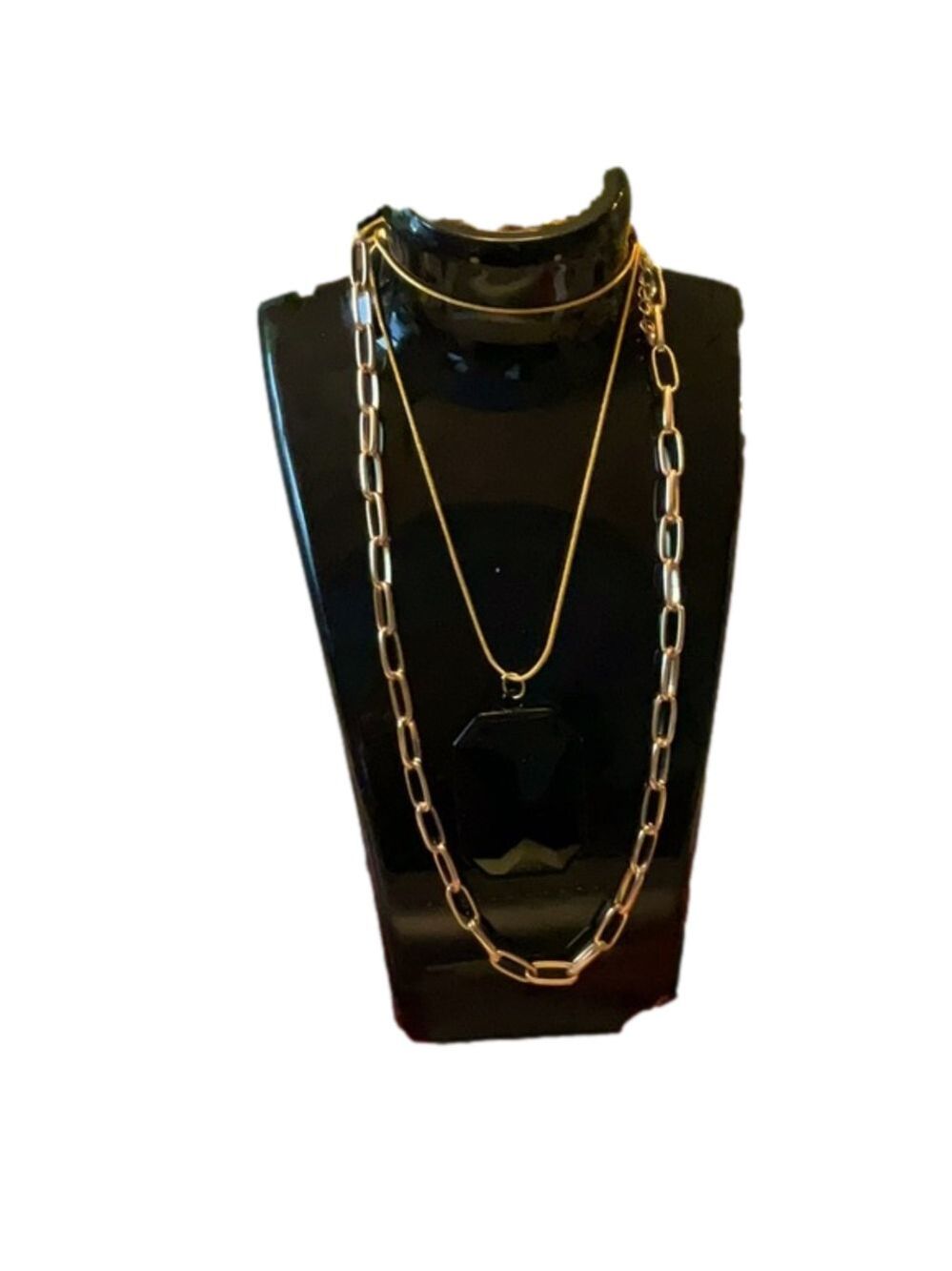 925 Sterling Silver Snake Paperclip Necklace Black Pendant Double Layer